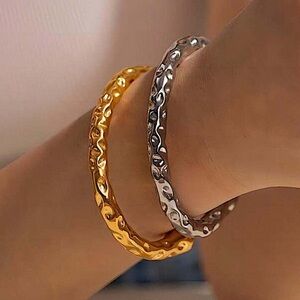 Stainless Steel Irregular Contour Bracelet Bangle Cuff Hammered Gold Plated